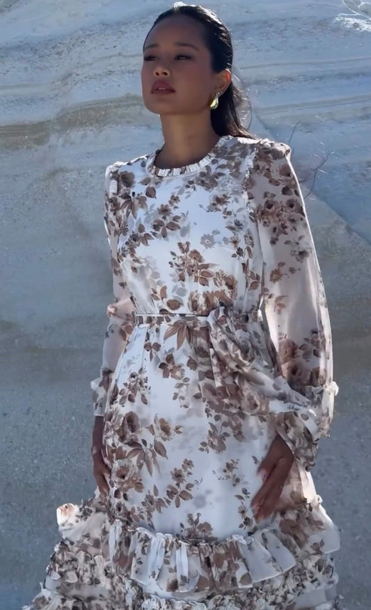 Fashion round Neck Floral Wooden Ear Tied Dress