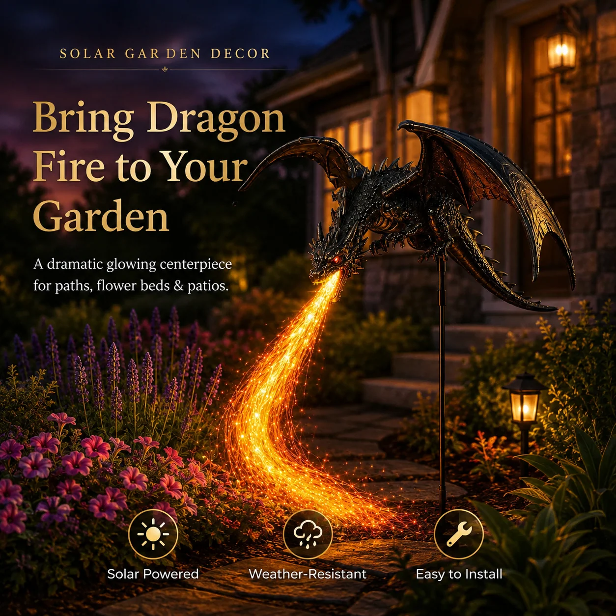 🐉 Solar Dragon Fire Garden Light – Mythical Metal Sculpture with Glowing Fire Effect