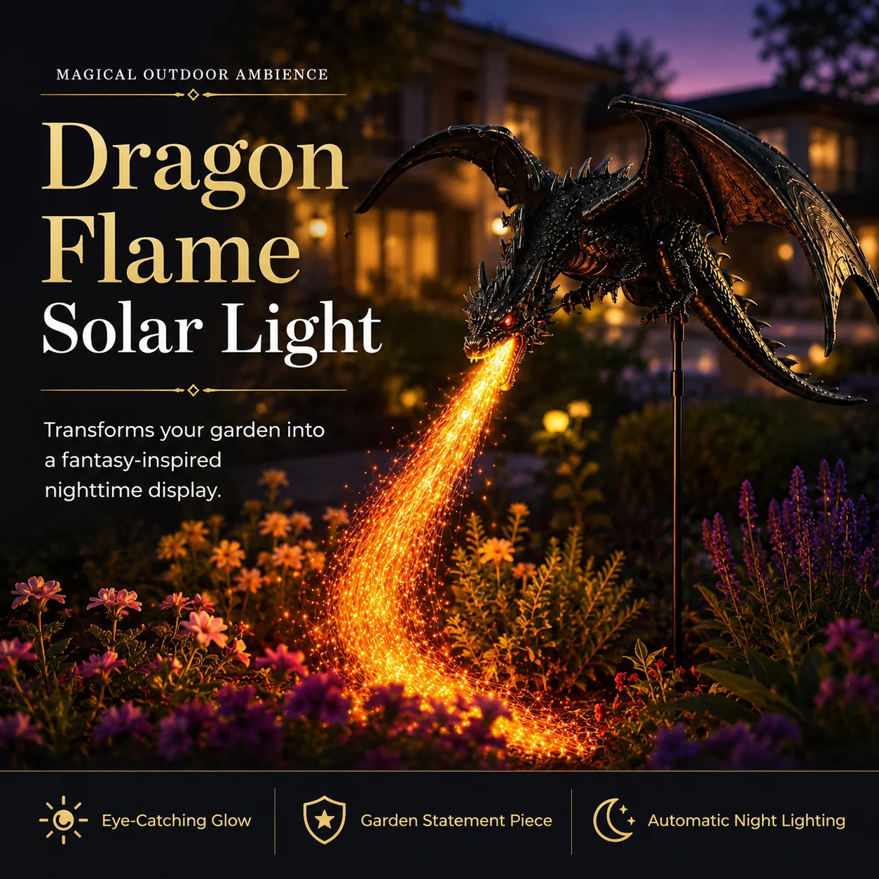 🐉 Solar Dragon Fire Garden Light – Mythical Metal Sculpture with Glowing Fire Effect