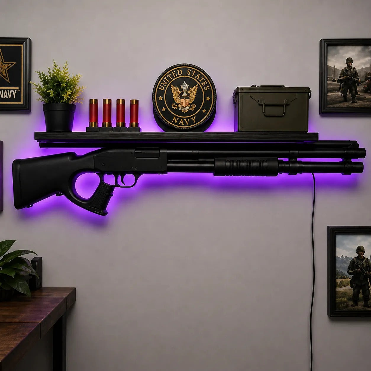 🎯 LED Backlit Wall Display Shelf – Rifle‑Inspired Silhouette with 5 Color Modes