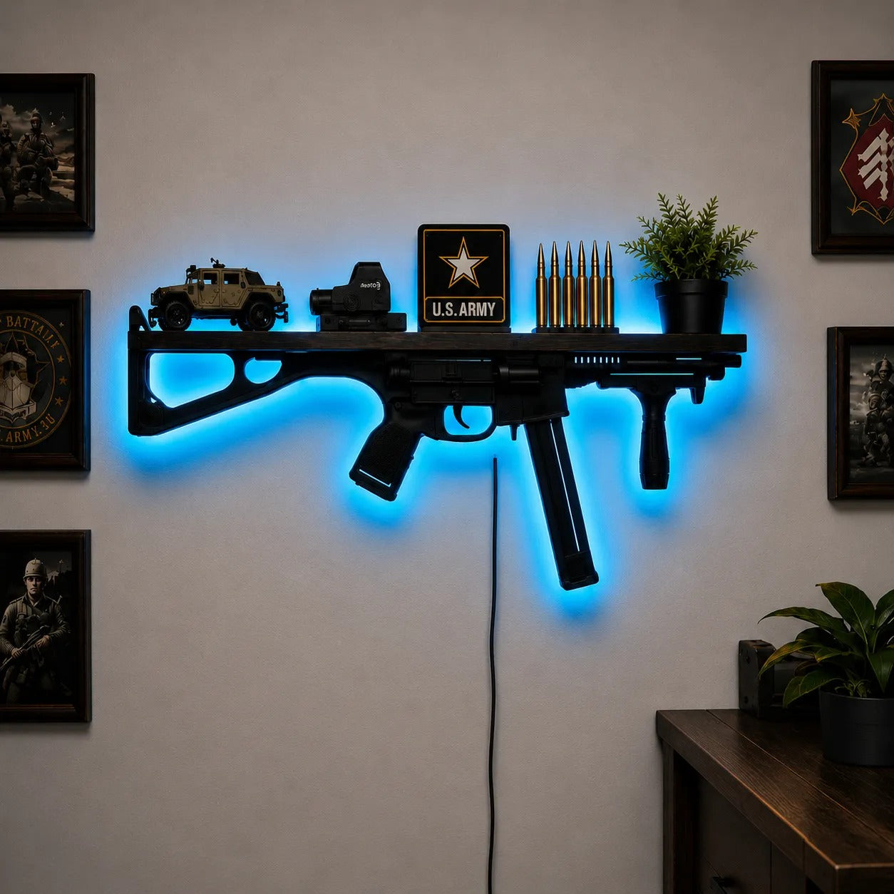 🎯 LED Backlit Wall Display Shelf – Rifle‑Inspired Silhouette with 5 Color Modes
