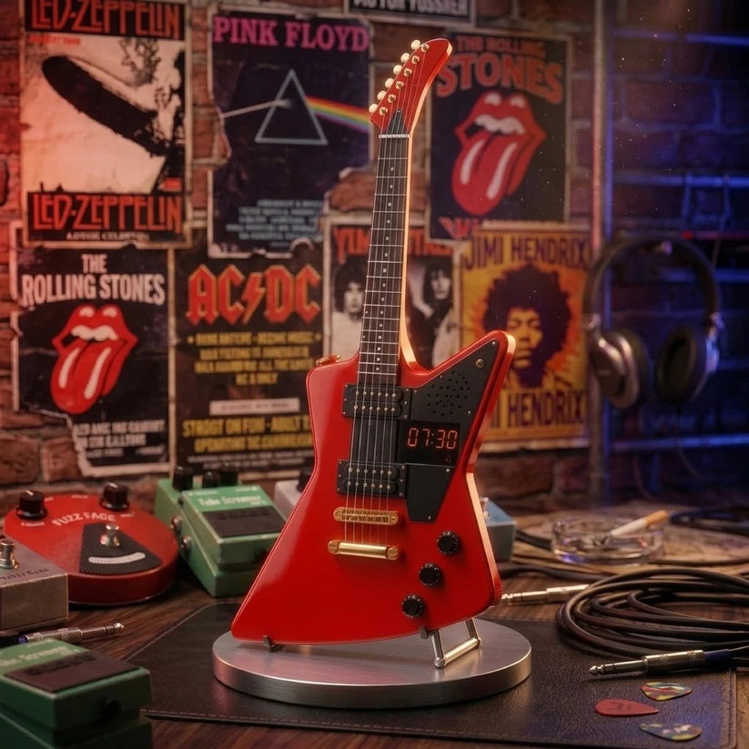 🎸 Guitar-Shaped Alarm Clock – Loud Riffs, LED Lights, Rechargeable & Ready to Rock Your Mornings