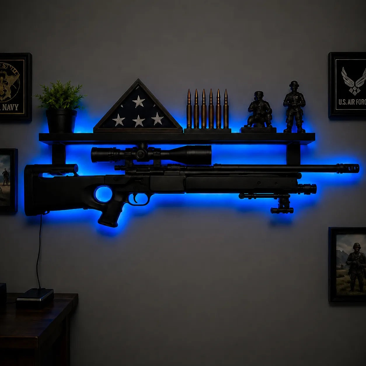 🎯 LED Backlit Wall Display Shelf – Rifle‑Inspired Silhouette with 5 Color Modes