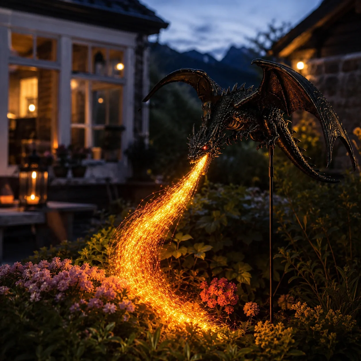 🐉 Solar Dragon Fire Garden Light – Mythical Metal Sculpture with Glowing Fire Effect