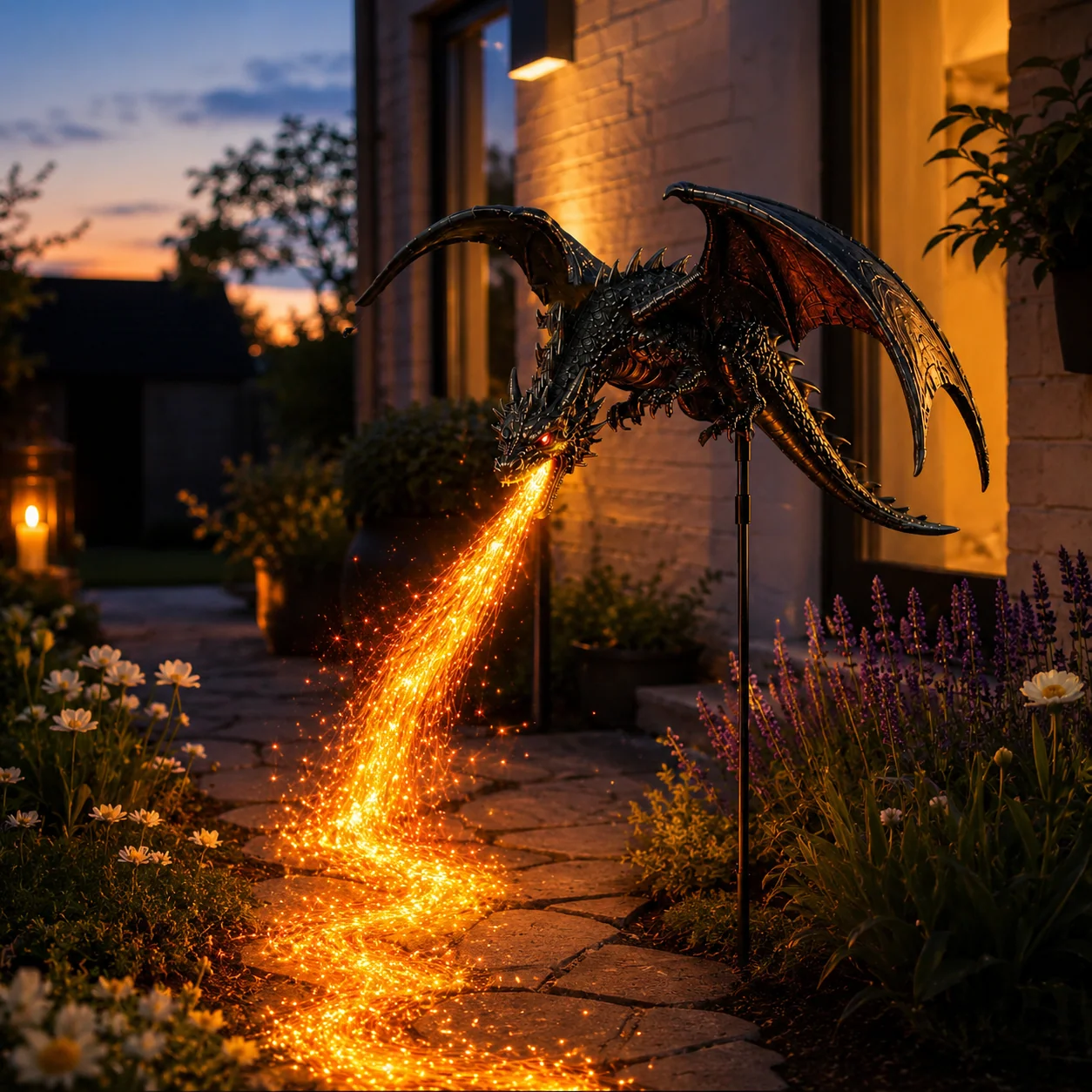 🐉 Solar Dragon Fire Garden Light – Mythical Metal Sculpture with Glowing Fire Effect