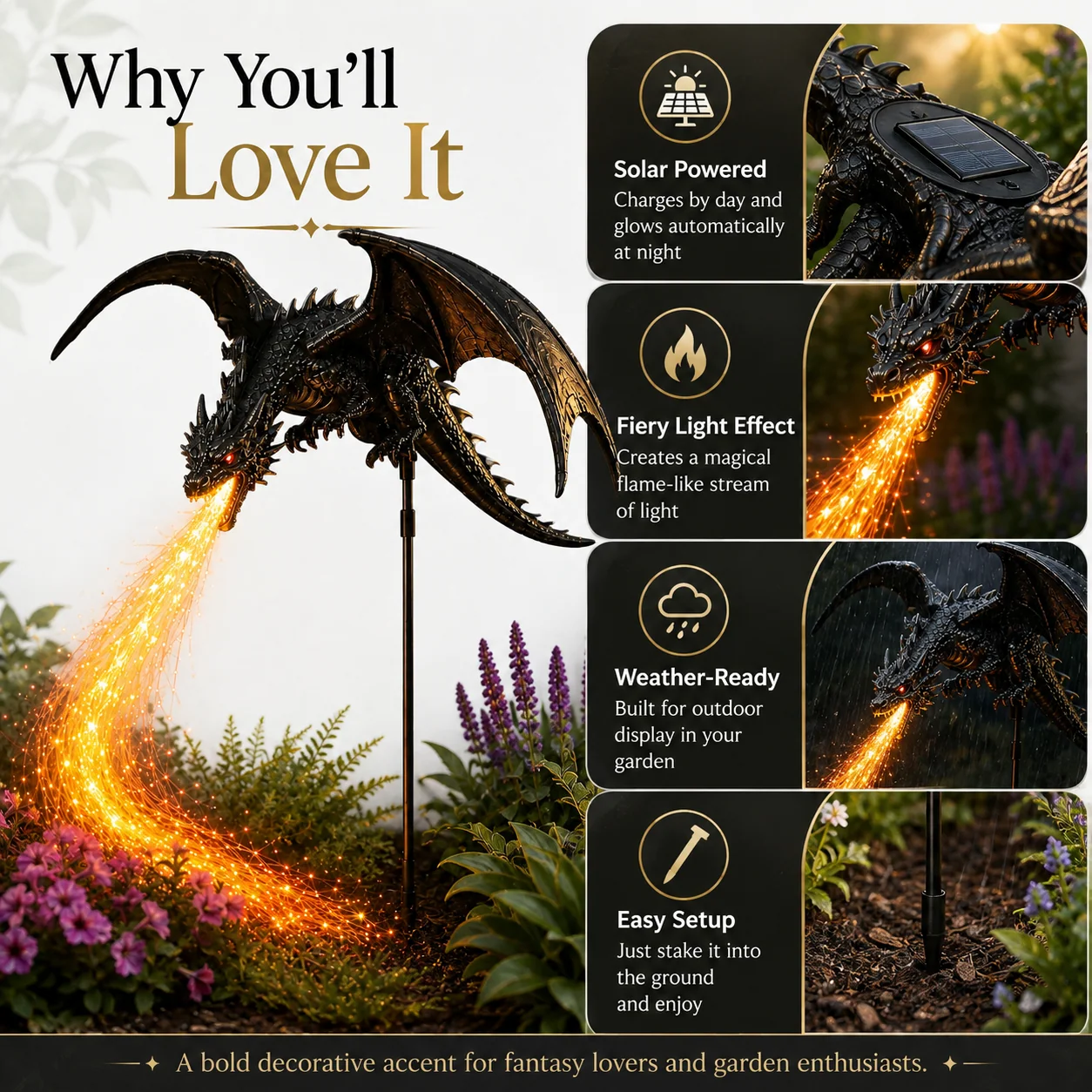 🐉 Solar Dragon Fire Garden Light – Mythical Metal Sculpture with Glowing Fire Effect