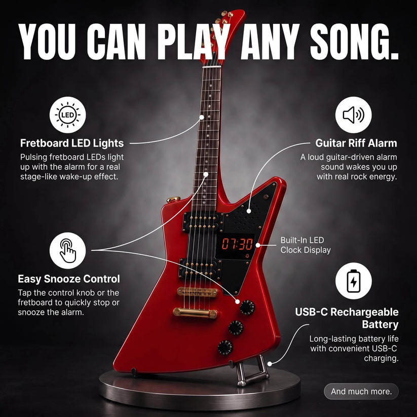 🎸 Guitar-Shaped Alarm Clock – Loud Riffs, LED Lights, Rechargeable & Ready to Rock Your Mornings