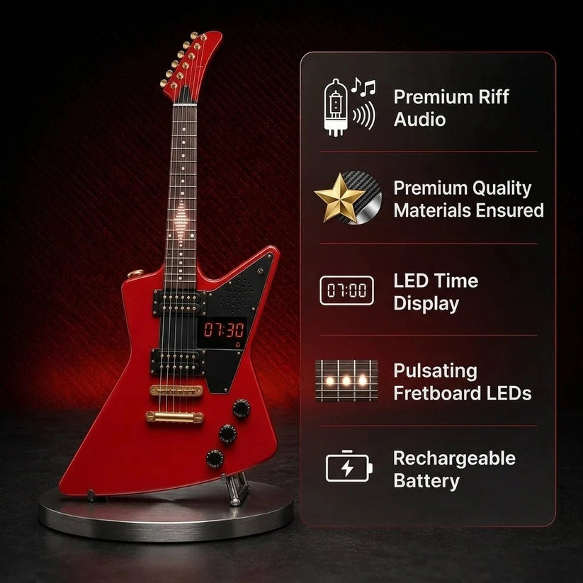 🎸 Guitar-Shaped Alarm Clock – Loud Riffs, LED Lights, Rechargeable & Ready to Rock Your Mornings