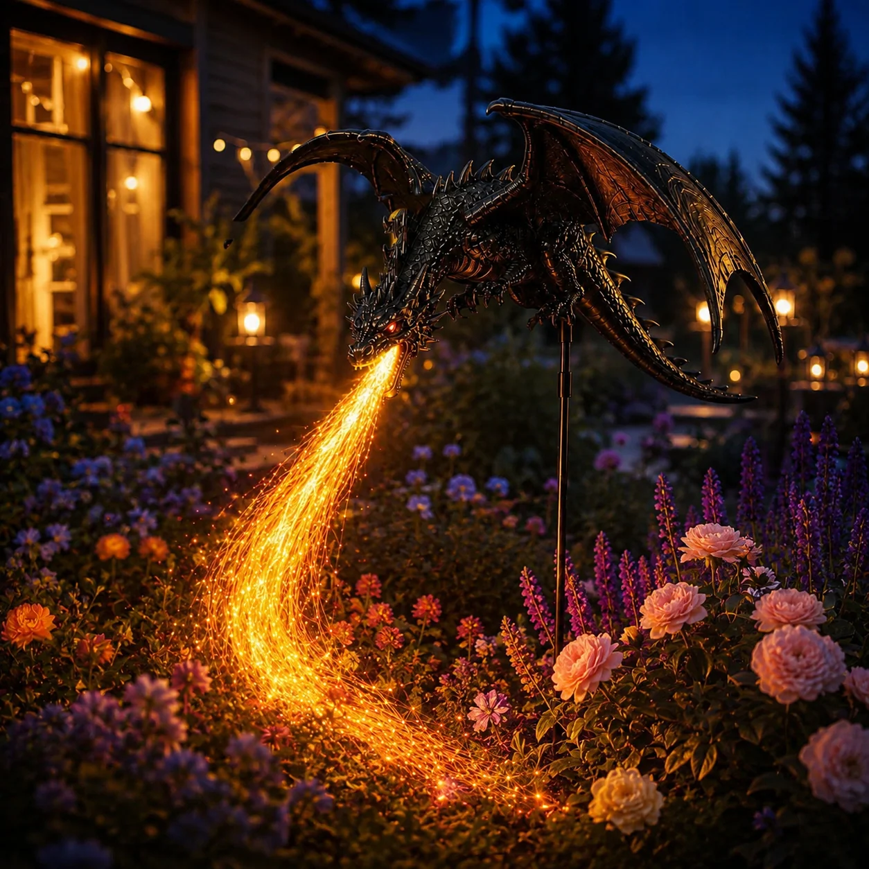 🐉 Solar Dragon Fire Garden Light – Mythical Metal Sculpture with Glowing Fire Effect